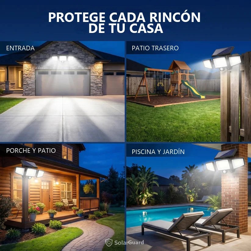 SolarGuard iluminando entrada, patio, porche y jardín